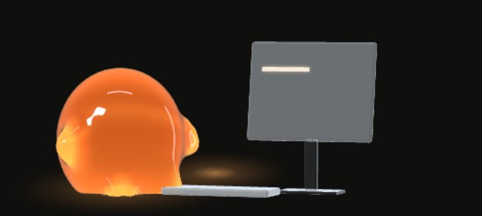 Accounting agent: a small orange gel creature typing at a frosted-glass terminal.