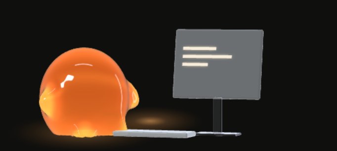 IT agent: a small orange gel creature typing at a frosted-glass terminal.