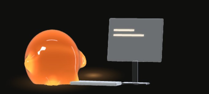 Security agent: a small orange gel creature typing at a frosted-glass terminal.