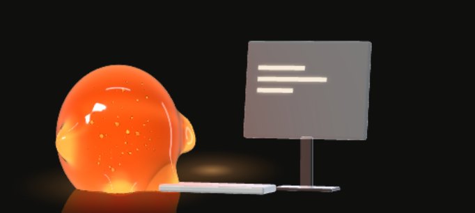SEO agent: a small orange gel creature typing at a frosted-glass terminal.
