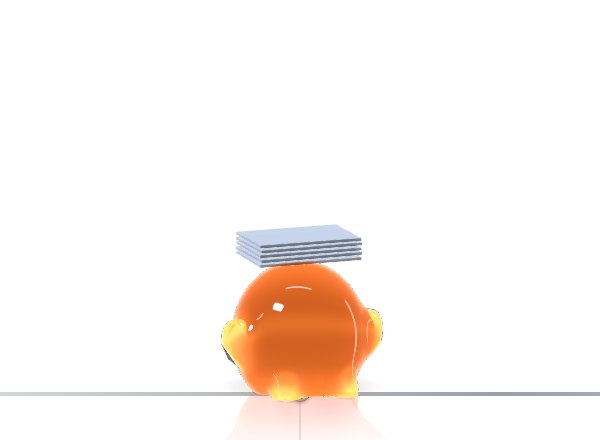 An orange creature carrying a stack of frosted glass sheets on its head along the steel timeline.