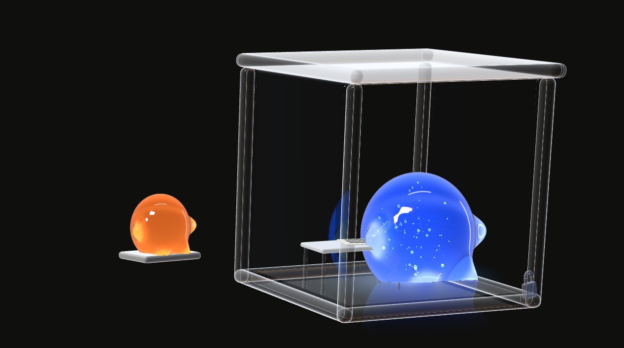 The blue student creature seated inside a closed glass cube, a small glass padlock in its corner.